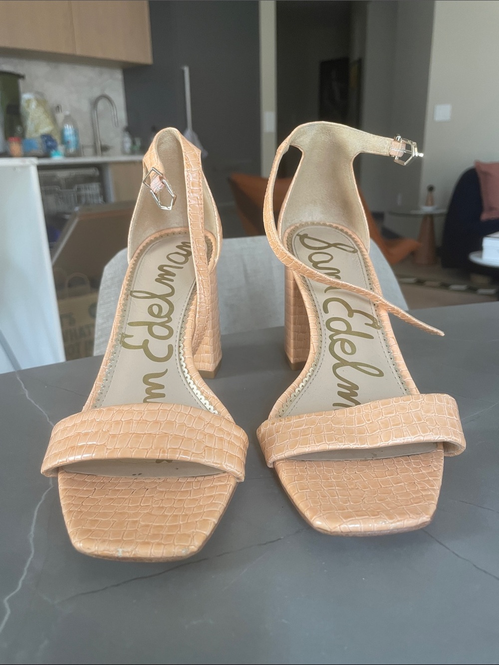 Sam Edelman Daniella Orange Vegan Leather Croc Embossed Block Heel Sandal 7 1/2